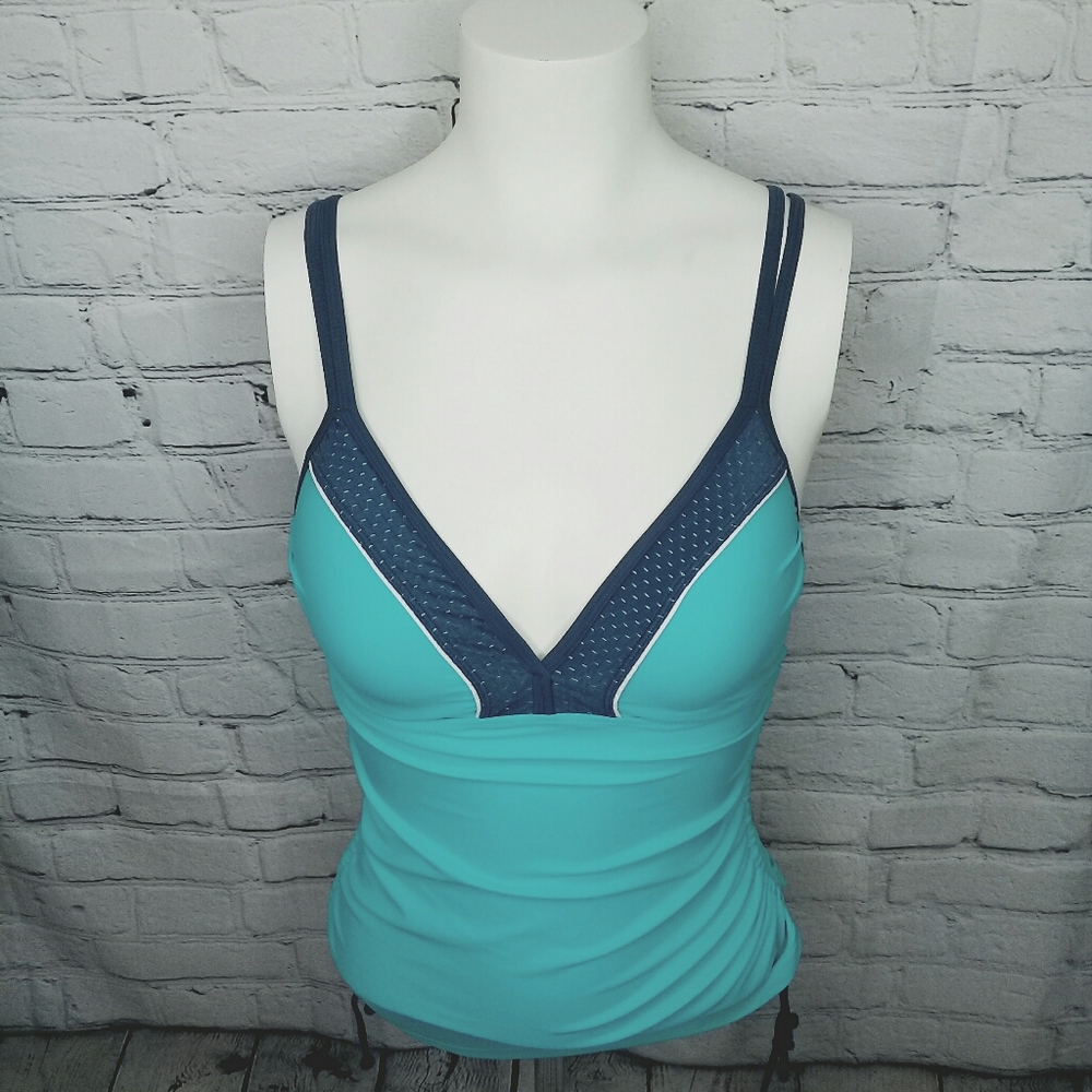 Free Country 2 Tone Blue Tankini Padded Adjustable Bra Swim TOP ONLY Sz S